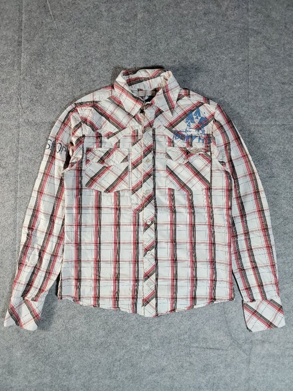 BUFFALO David Bitton Y2K Graphic Plaid Button Down Shirt Red White Mens Small